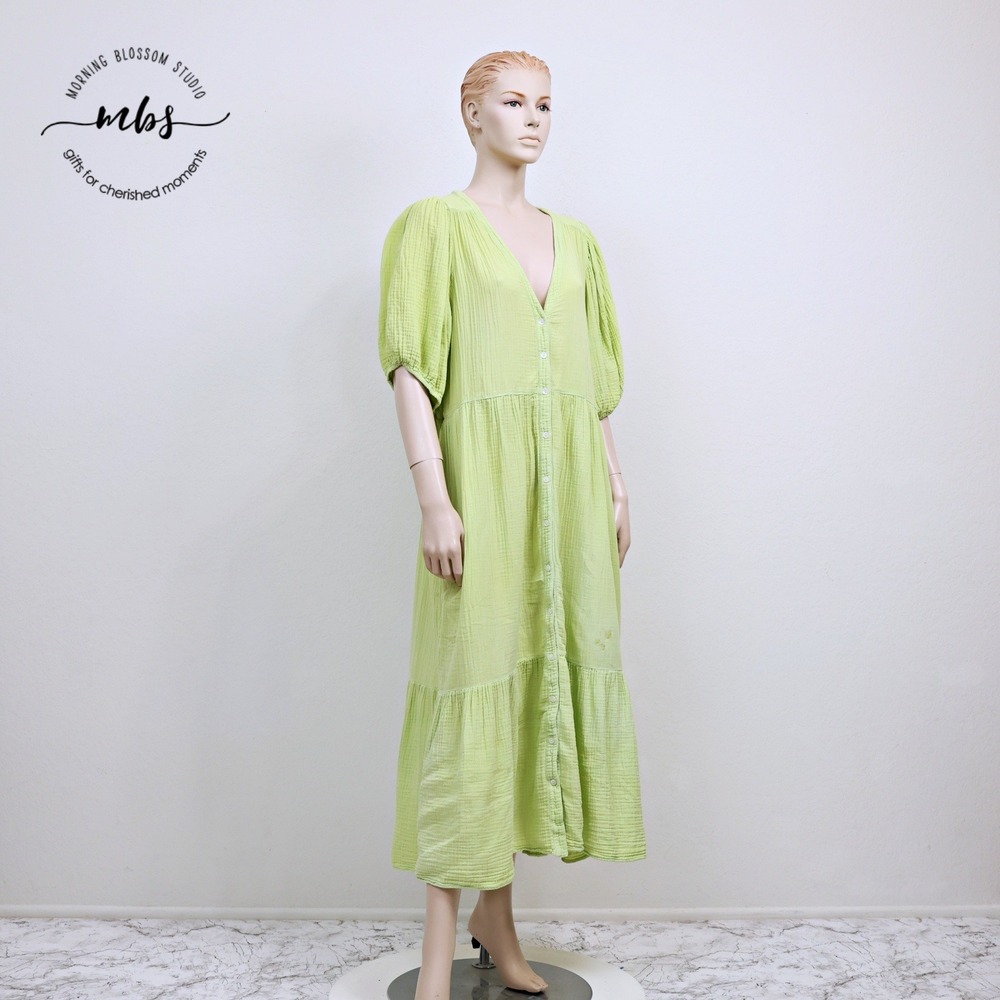 Xirena Lennox Tiered V-Neck Puff Sleeve Cotton Gauze Midi Dress Lime Green XL